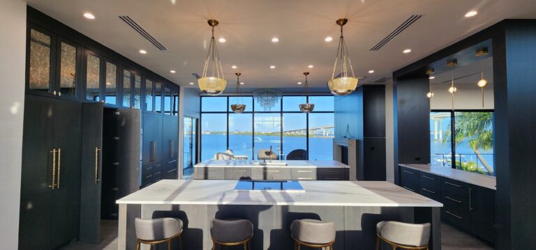 Modern luxury kitchen with island and ocean view